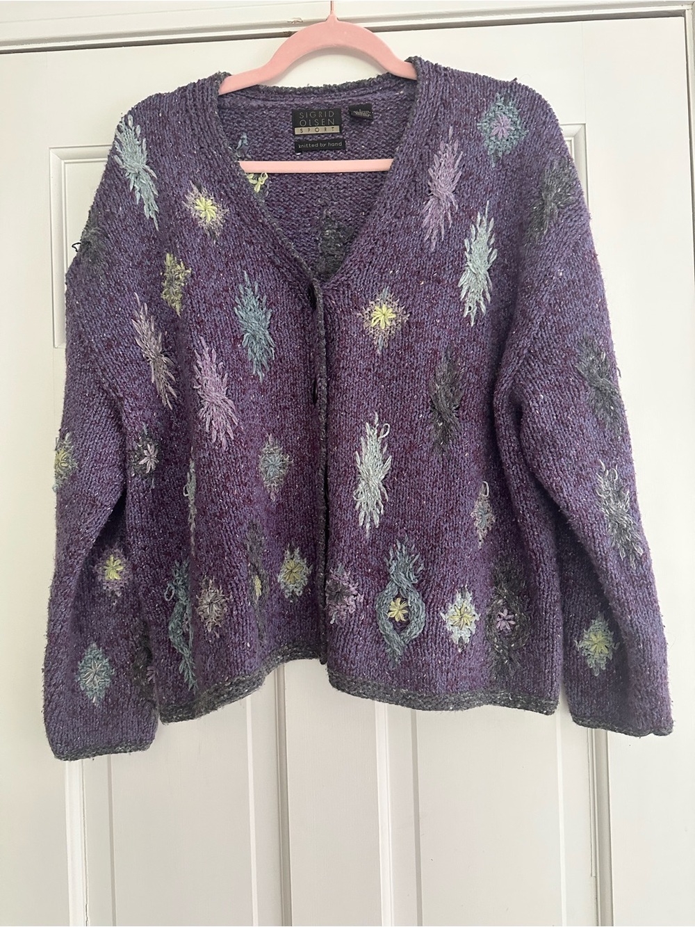 Sigrid Olsen Purple Textured Knit Cardigan with Multicolor Floral Accents